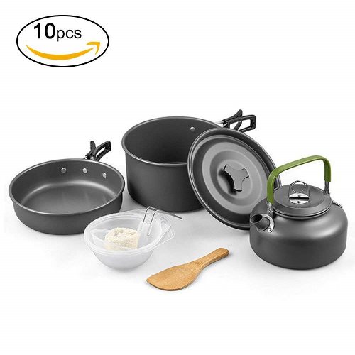 Queta Pentole da campeggio pentole, 10 PCS Set di stoviglie da campeggio outdoor set da cucina pentola in alluminio cucinare attrezzature Koch Set per 2 – 3 persone